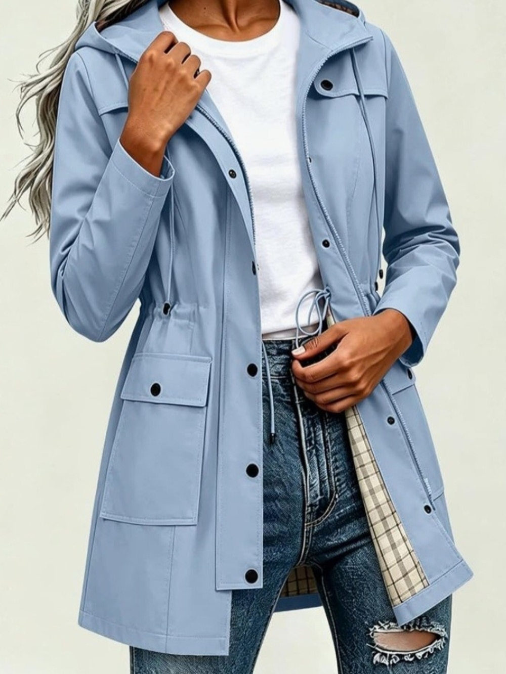 Light Blue Waterproof Hooded Raincoat for Women - Picture 2 of 6